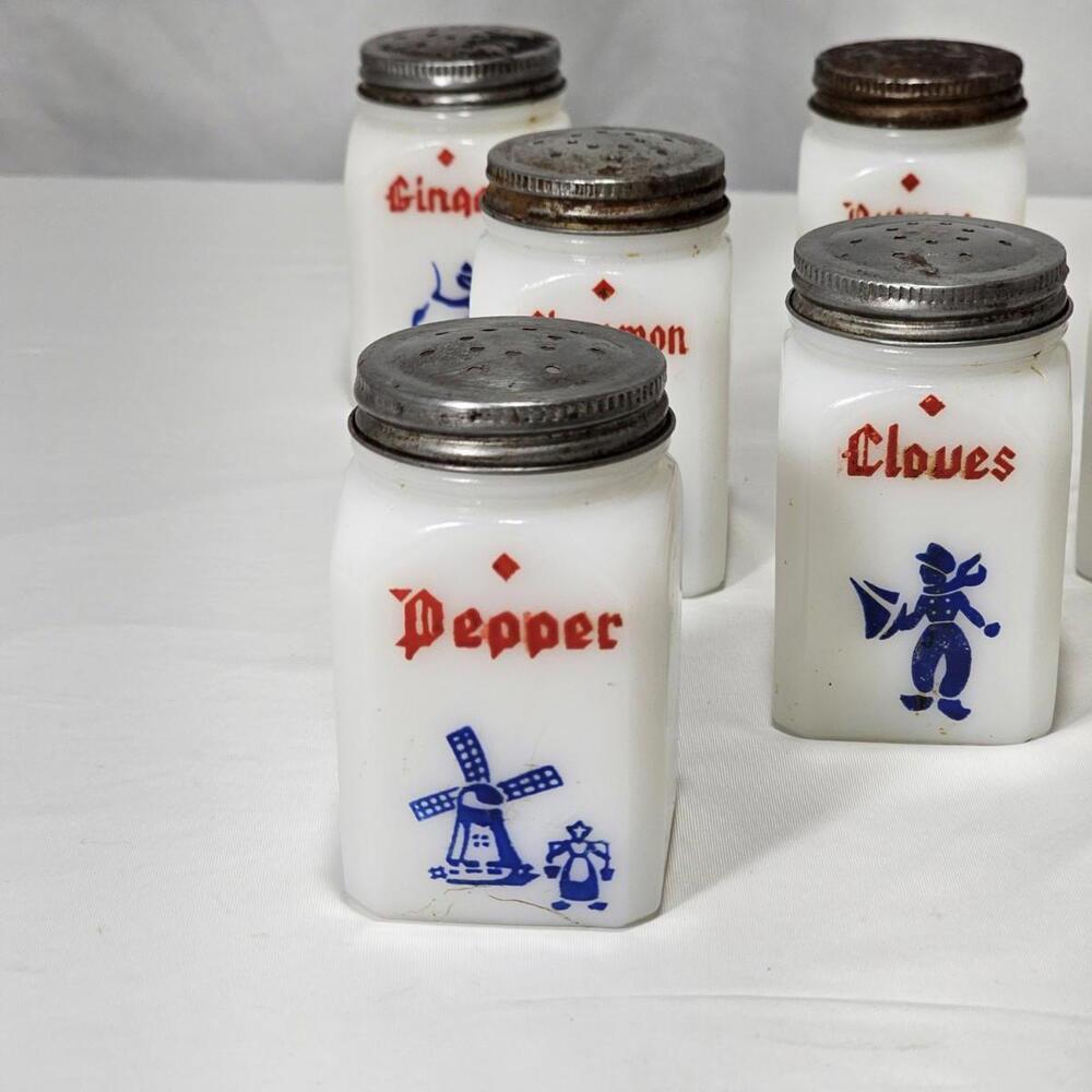 Vintage Set OF 8 Hazel Atlas Milk Glass Dutch Spice Jars Set - Picture 3 of 7